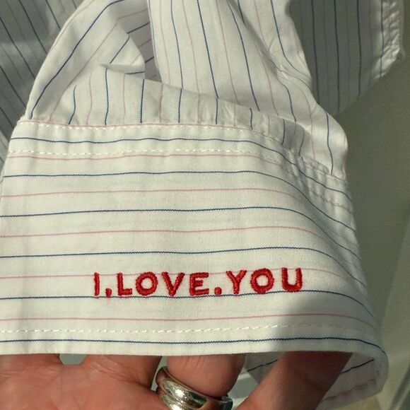 Zadig & Voltaire Tais Raye White Shirt with Blue and Pink Stripes I Love You S - Picture 7 of 14